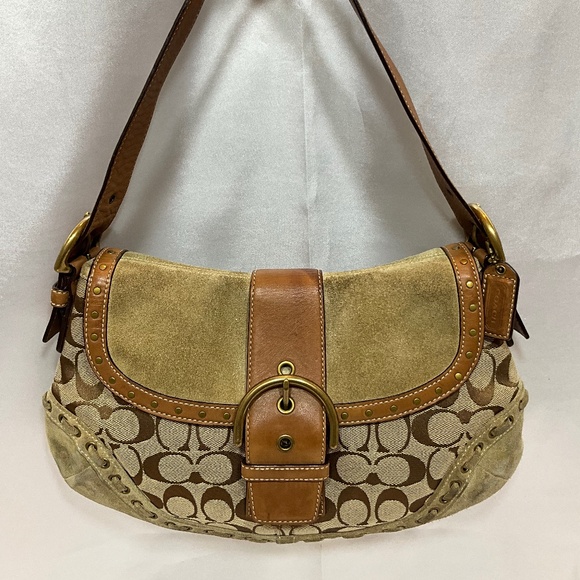 Coach hobo bag, suede and signature print with leather trim   32-B4a - Picture 1 of 9